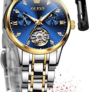 OLEVS Women Automatic Wrsit Watches Luxury Stainless Steel Gold and Silver Small Wrist Mechanical Moon Phase Blue Waterproof Ladies Watches