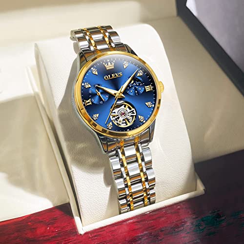 OLEVS Women Automatic Wrsit Watches Luxury Stainless Steel Gold and Silver Small Wrist Mechanical Moon Phase Blue Waterproof Ladies Watches