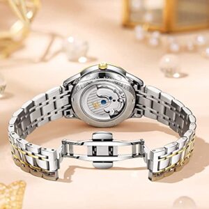 OLEVS Women Automatic Wrsit Watches Luxury Stainless Steel Gold and Silver Small Wrist Mechanical Moon Phase Blue Waterproof Ladies Watches