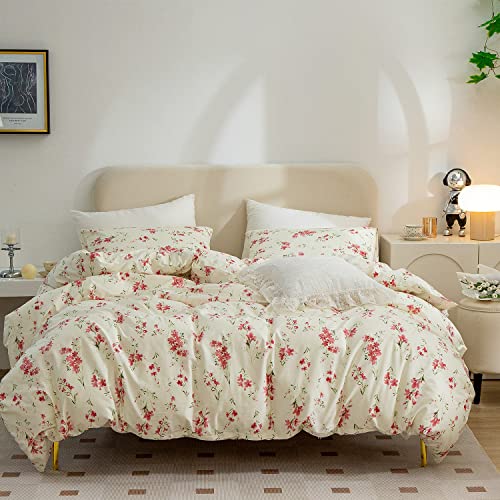 Twin Floral Duvet Cover, 100% Cotton 3 Pieces Twin Floral Bedding Sets for Girls, Red Floral Chic Garden Style Floral Pattern Printed Twin Floral Duvets with Zipper Closure (Floral, Twin)