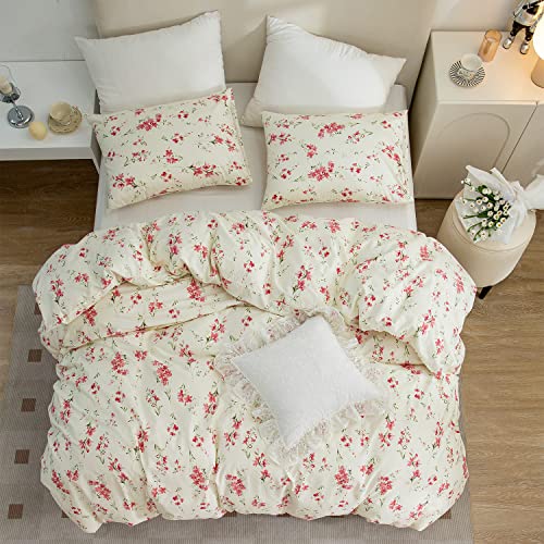 Twin Floral Duvet Cover, 100% Cotton 3 Pieces Twin Floral Bedding Sets for Girls, Red Floral Chic Garden Style Floral Pattern Printed Twin Floral Duvets with Zipper Closure (Floral, Twin)