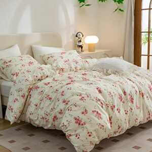 Twin Floral Duvet Cover, 100% Cotton 3 Pieces Twin Floral Bedding Sets for Girls, Red Floral Chic Garden Style Floral Pattern Printed Twin Floral Duvets with Zipper Closure (Floral, Twin)