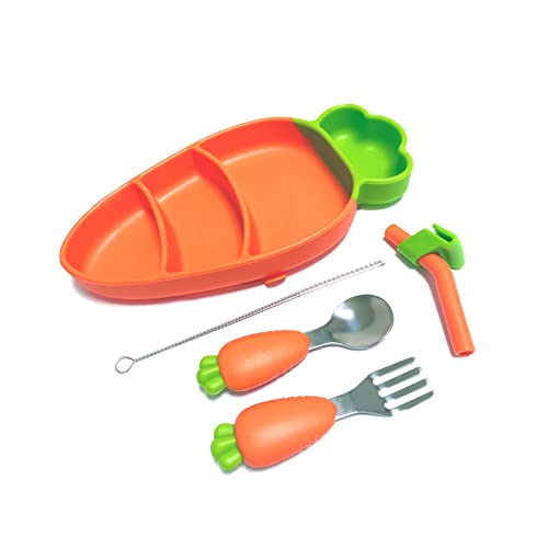 SETFLAGS Toddler Plates with Suction, Silicone Suction Plates for Baby, Cute Carrot Divided Plates and Utensils Set, Non Slip, BPA Free, Feeding Set for 1-5 years old, Microwave Dishwasher Safe