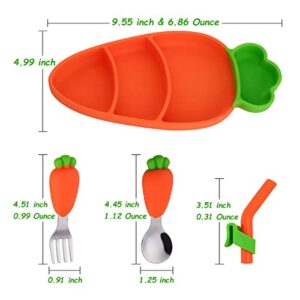 SETFLAGS Toddler Plates with Suction, Silicone Suction Plates for Baby, Cute Carrot Divided Plates and Utensils Set, Non Slip, BPA Free, Feeding Set for 1-5 years old, Microwave Dishwasher Safe