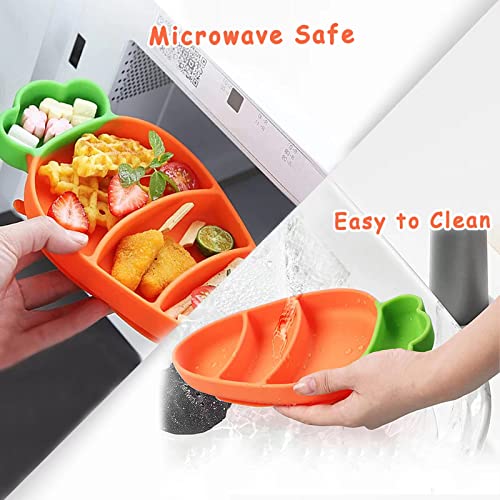 SETFLAGS Toddler Plates with Suction, Silicone Suction Plates for Baby, Cute Carrot Divided Plates and Utensils Set, Non Slip, BPA Free, Feeding Set for 1-5 years old, Microwave Dishwasher Safe