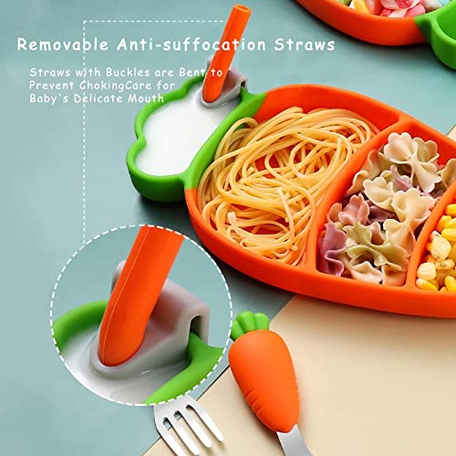 SETFLAGS Toddler Plates with Suction, Silicone Suction Plates for Baby, Cute Carrot Divided Plates and Utensils Set, Non Slip, BPA Free, Feeding Set for 1-5 years old, Microwave Dishwasher Safe