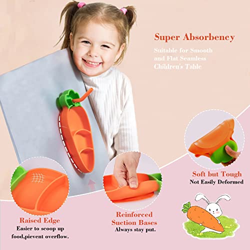 SETFLAGS Toddler Plates with Suction, Silicone Suction Plates for Baby, Cute Carrot Divided Plates and Utensils Set, Non Slip, BPA Free, Feeding Set for 1-5 years old, Microwave Dishwasher Safe