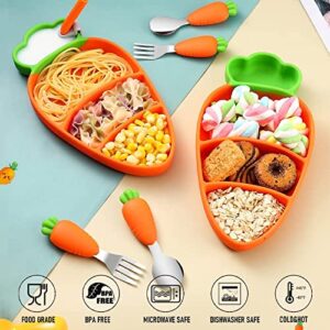 SETFLAGS Toddler Plates with Suction, Silicone Suction Plates for Baby, Cute Carrot Divided Plates and Utensils Set, Non Slip, BPA Free, Feeding Set for 1-5 years old, Microwave Dishwasher Safe