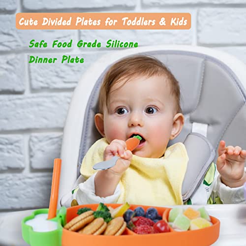 SETFLAGS Toddler Plates with Suction, Silicone Suction Plates for Baby, Cute Carrot Divided Plates and Utensils Set, Non Slip, BPA Free, Feeding Set for 1-5 years old, Microwave Dishwasher Safe