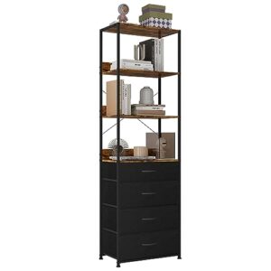 vasicar 4-tier tall bookshelf with 4 drawers, multifunctional open bookcase, storage shelf dresser for living room, office, bedroom, kitchen, free drawer divider (black)
