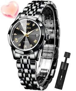olevs black watch for women analog quartz diamond fashion elegant dress ladies watch stainless steel day date wrist watches waterproof luminous
