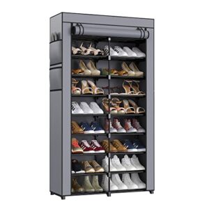 hodyann shoe rack, 9 tiers tall shoe rack, 36-40 pairs shoe organizer with nonwoven fabric cover, double row black shoe rack for closet (black rack with gray cover)