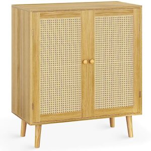 huuger buffet cabinet with storage, storage cabinet with pe rattan decor doors, accent cabinet with solid wood feet, sideboard cabinet for hallway, entry, living room, natural
