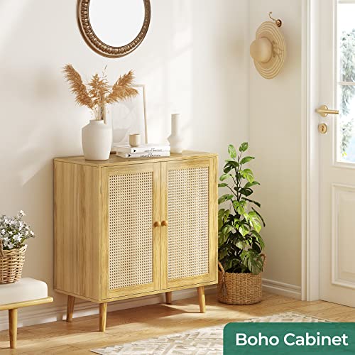 Huuger Buffet Cabinet with Storage, Storage Cabinet with PE Rattan Decor Doors, Accent Cabinet with Solid Wood Feet, Sideboard Cabinet for Hallway, Entry, Living Room, Natural