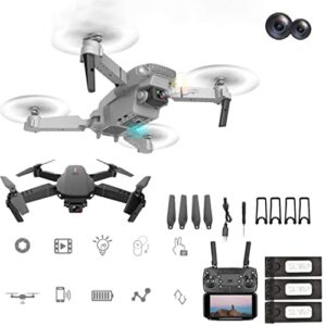 Dual 1080P HD Cam Drone With Altitude Hold, Headless Mode, One Key Start, 3-Speed Adjustment & Trajectory Flight. RC Toys Gift For Child 15 Mins Fly Time. For Beginners & Experienced Pilots. (Black)