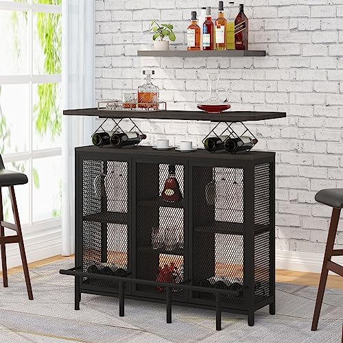 LVB Home Bar Unit, Modern Liquor Bar Table, Industrial Mini Bar Stand with Wine Rack and Storage Shelf, Wood Metal Indoor Coffee Bar Cabinet for Kitchen Living Dining Room Pub, Dark Gray Oak, 47 Inch