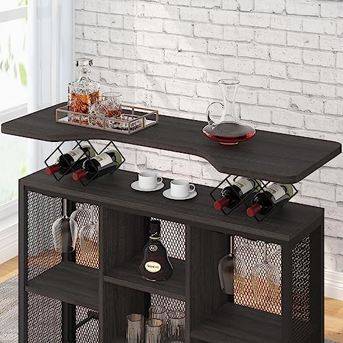 LVB Home Bar Unit, Modern Liquor Bar Table, Industrial Mini Bar Stand with Wine Rack and Storage Shelf, Wood Metal Indoor Coffee Bar Cabinet for Kitchen Living Dining Room Pub, Dark Gray Oak, 47 Inch