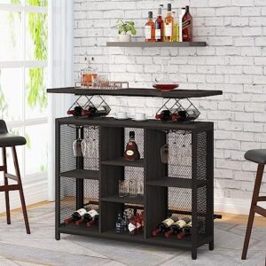 LVB Home Bar Unit, Modern Liquor Bar Table, Industrial Mini Bar Stand with Wine Rack and Storage Shelf, Wood Metal Indoor Coffee Bar Cabinet for Kitchen Living Dining Room Pub, Dark Gray Oak, 47 Inch