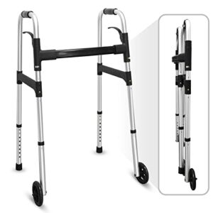 nurhome compact folding walker with trigger release and 5" wheels walker for senior lightweight adjustable height supports up to 350 lbs