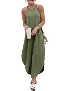 anrabess women's summer casual halter neck sundress sleeveless split maxi long beach dress with pockets 991ganlanlv-m olive