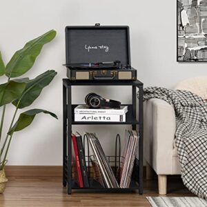 LELELINKY Black End Table, Small Side Table with Metal Frame,Modern Record Player Stand with Storage Shelf, Wood 3 Tier Sofa Bedside Tables, Narrow Nightstand for Living Room Bedroom Office