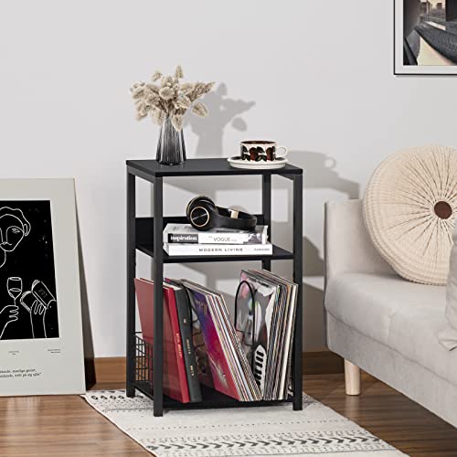 LELELINKY Black End Table, Small Side Table with Metal Frame,Modern Record Player Stand with Storage Shelf, Wood 3 Tier Sofa Bedside Tables, Narrow Nightstand for Living Room Bedroom Office