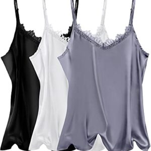 Neer 3 Pack Women's Satin Tank Tops, Lace Trim Silk Camisole V Neck Spaghetti Strap Top Loose Sleeveless Blouses Cami Shirt (White, Black, Gray, XX-Large)