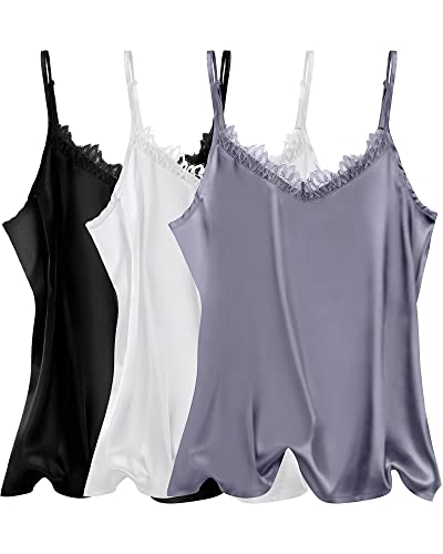 Neer 3 Pack Women's Satin Tank Tops, Lace Trim Silk Camisole V Neck Spaghetti Strap Top Loose Sleeveless Blouses Cami Shirt (White, Black, Gray, XX-Large)