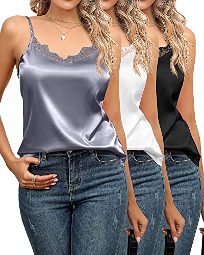 Neer 3 Pack Women's Satin Tank Tops, Lace Trim Silk Camisole V Neck Spaghetti Strap Top Loose Sleeveless Blouses Cami Shirt (White, Black, Gray, XX-Large)