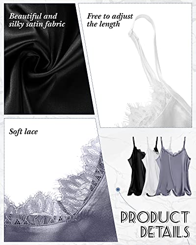 Neer 3 Pack Women's Satin Tank Tops, Lace Trim Silk Camisole V Neck Spaghetti Strap Top Loose Sleeveless Blouses Cami Shirt (White, Black, Gray, XX-Large)