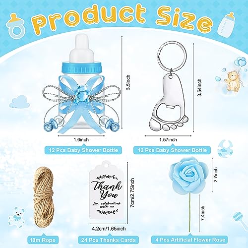 Sunnyray 40 Pcs Baby Shower Bottle Favor 12 Pcs Mini Milk Bottles 12 Pcs Baby Footprint Keychain Bottle Opener 12 Pcs Thanks Tags 4 Pcs Artificial Flower for Boy Girl Newborn Baptism (Blue, Silver)