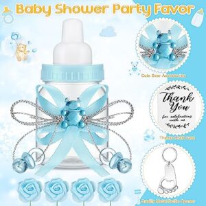 Sunnyray 40 Pcs Baby Shower Bottle Favor 12 Pcs Mini Milk Bottles 12 Pcs Baby Footprint Keychain Bottle Opener 12 Pcs Thanks Tags 4 Pcs Artificial Flower for Boy Girl Newborn Baptism (Blue, Silver)