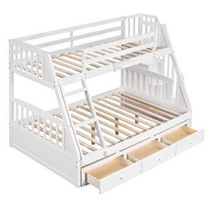 BIADNBZ Twin-Over-Full Bunk Bed with 3 Drawers, Storage Staircase and Ladder, Convertible 2 in 1 Wood Bedframe for Bedroom, Dorm, for Teens, Adults, White