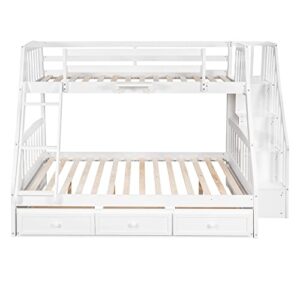 BIADNBZ Twin-Over-Full Bunk Bed with 3 Drawers, Storage Staircase and Ladder, Convertible 2 in 1 Wood Bedframe for Bedroom, Dorm, for Teens, Adults, White