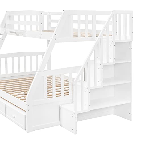 BIADNBZ Twin-Over-Full Bunk Bed with 3 Drawers, Storage Staircase and Ladder, Convertible 2 in 1 Wood Bedframe for Bedroom, Dorm, for Teens, Adults, White