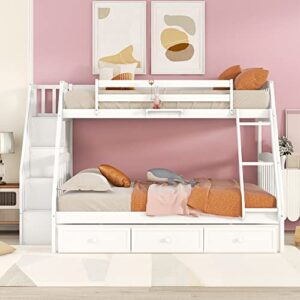 BIADNBZ Twin-Over-Full Bunk Bed with 3 Drawers, Storage Staircase and Ladder, Convertible 2 in 1 Wood Bedframe for Bedroom, Dorm, for Teens, Adults, White