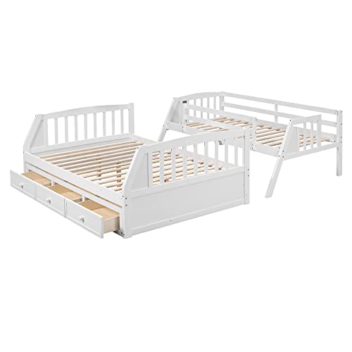 BIADNBZ Twin-Over-Full Bunk Bed with 3 Drawers, Storage Staircase and Ladder, Convertible 2 in 1 Wood Bedframe for Bedroom, Dorm, for Teens, Adults, White