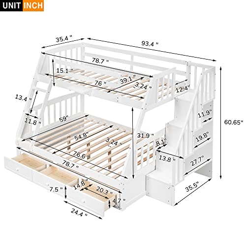 BIADNBZ Twin-Over-Full Bunk Bed with 3 Drawers, Storage Staircase and Ladder, Convertible 2 in 1 Wood Bedframe for Bedroom, Dorm, for Teens, Adults, White