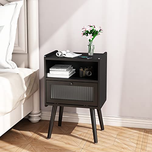 SOOWERY Mid Century Modern Nightstand, Side Table with Storage, Bedside Tables with Glass Door, End Table with Solid Wood Legs for Bedroom, Living Room and Small Spaces, Black