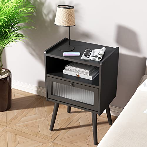 SOOWERY Mid Century Modern Nightstand, Side Table with Storage, Bedside Tables with Glass Door, End Table with Solid Wood Legs for Bedroom, Living Room and Small Spaces, Black