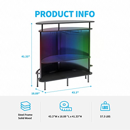 Mjkone Black Wine Bar Cabinet with 4 Tiers Storage | Smart RGB LED Light with Remote Control Metal Counter with Wine Rack | Modern Iron＆Wood Liquor Cabinet for Home Bar Pub Cafe