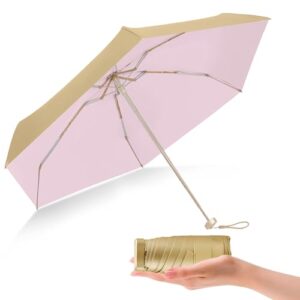 esufeir mini travel sun umbrella for purse,small compact uv umbrella uv blocker,lightweight portable umbrella for sun and rain,cute parasol umbrella uv protection for women men kids (golden & pink)