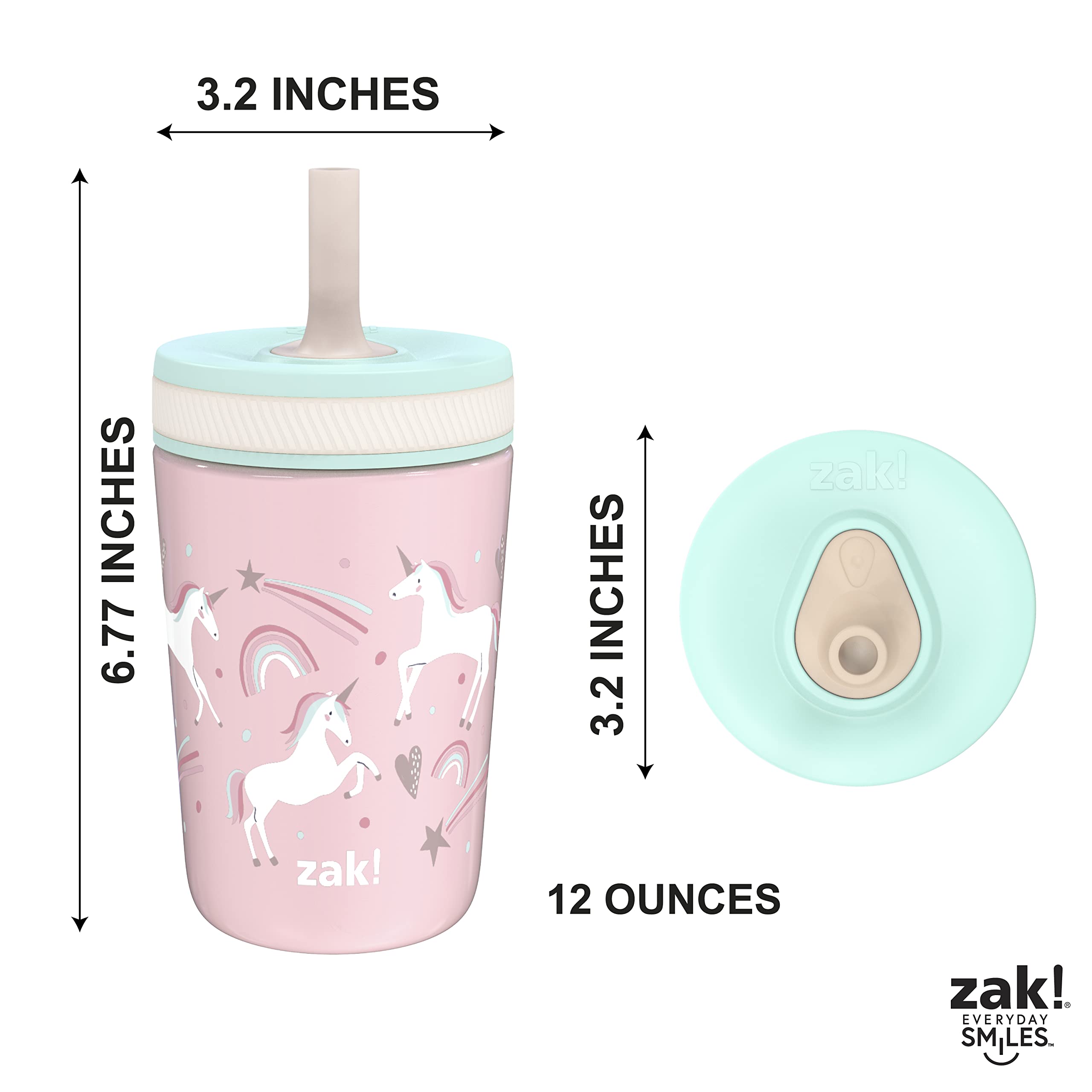 Zak Designs Kelso Toddler Cups For Travel or At Home, 12oz Vacuum Insulated Stainless Steel Sippy Cup With Leak-Proof Design is Perfect For Kids (Fanciful Unicorn)