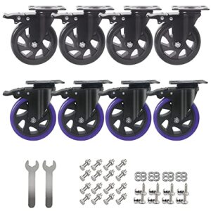 5 inch swivel caster wheels set of 8, heavy duty casters with brake, polyurethane locking casters for cart, workbench and trolley-load 2200lbs, black(two hardware kits)