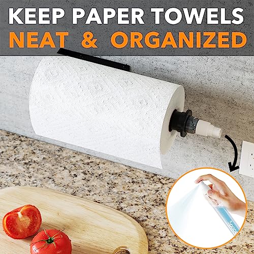 SpaceAid SprayNeat Paper Towel Holder with Spray Bottle, Under Cabinet Paper Towels Holders with Sprayer Inside Center, Hanging Wall Mount Papertowels Roller for Kitchen and Bathroom (Black)