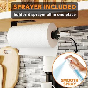 SpaceAid SprayNeat Paper Towel Holder with Spray Bottle, Under Cabinet Paper Towels Holders with Sprayer Inside Center, Hanging Wall Mount Papertowels Roller for Kitchen and Bathroom (Black)