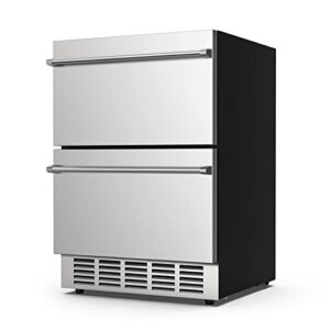 24 inch under counter double drawer fridge, indoor and outdoor beverage refrigerator, weather proof stainless steel beverage fridge for home & commercial use, built-in and freestanding (foam door)