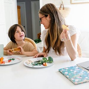 Playful Friends Kid Plates - Toddler Plates Set of 4 - White Melamine Baby Plates - Dishwasher Safe Kids Plates BPA Free w/Vibrant Art - Lightweight Plates - Kids Healthy Mindset - Gifts for Toddlers