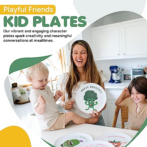 Playful Friends Kid Plates - Toddler Plates Set of 4 - White Melamine Baby Plates - Dishwasher Safe Kids Plates BPA Free w/Vibrant Art - Lightweight Plates - Kids Healthy Mindset - Gifts for Toddlers