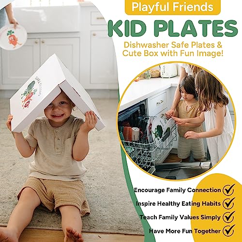 Playful Friends Kid Plates - Toddler Plates Set of 4 - White Melamine Baby Plates - Dishwasher Safe Kids Plates BPA Free w/Vibrant Art - Lightweight Plates - Kids Healthy Mindset - Gifts for Toddlers